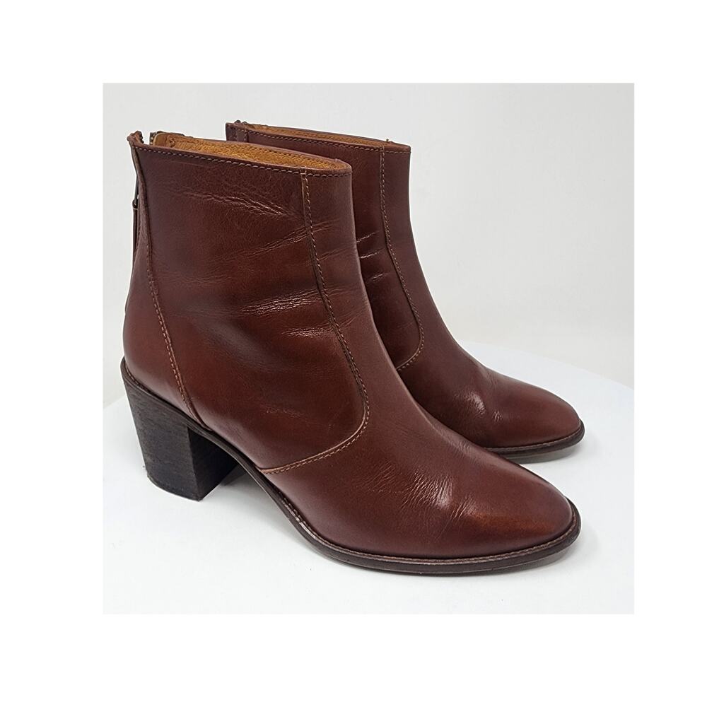Madewell The Ames Boot Women 9 Cognac Brown Leather Stacked Heel Zip B2061